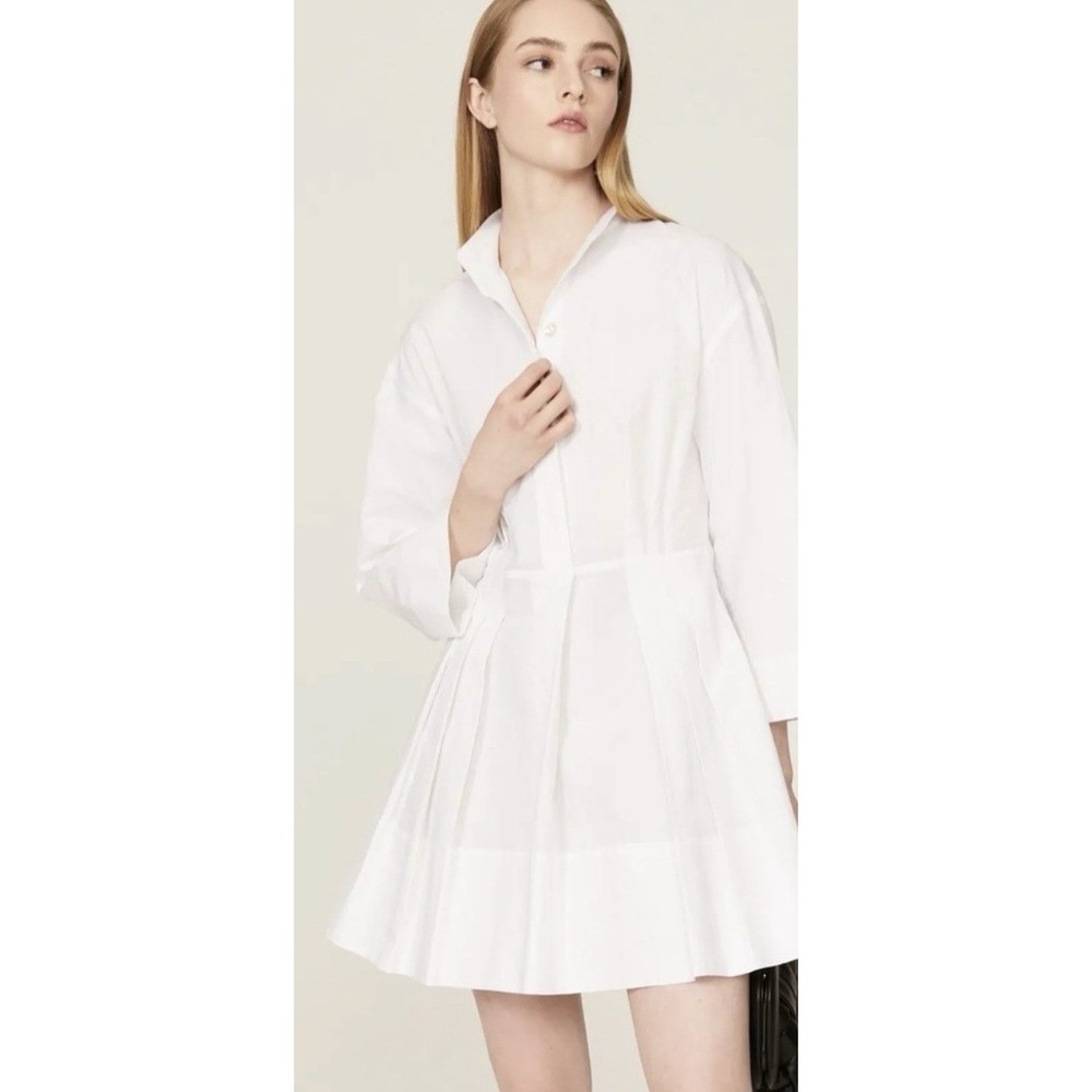 VINCE Women Fitted Band Collar Mini Pleated Lined White 3/4 Sleeve Dress Sz XXS